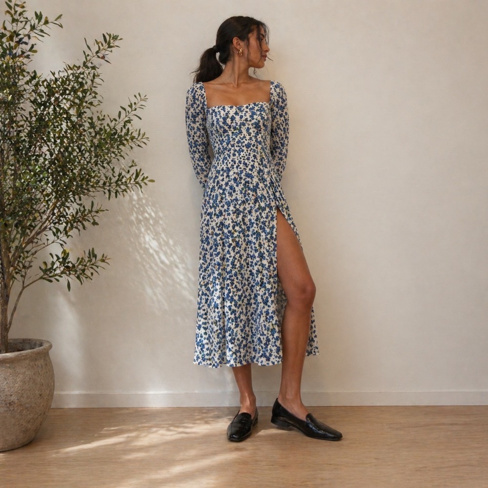 Reformation Sigmund Dress Womens 18 Blue White Floral Long Sleeve Midi Slit